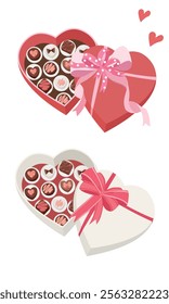 Heart shaped box of chocolate. Chocolate box in heart shape. Flat vector in cartoon style isolated on white background. Love element, valentine element. 