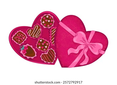 Heart shaped box of chocolates decorated with pink ribbon bow on white background. Festive dessert, romantic sweets for Valentine's Day