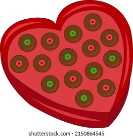 Heart shaped box full of love chocolate flat vector art. Box of love chocolate cartoon illustration for graphic design and decorative element