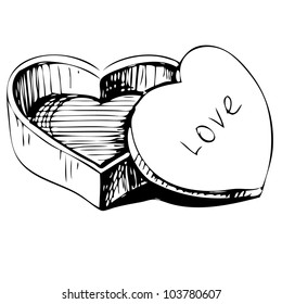 Heart shaped box icon isolated on white background. Hand drawing sketch vector illustration