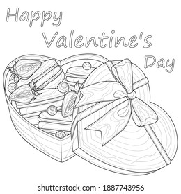 Heart shaped box with macarons and strawberries. Valentine's Day.Coloring book antistress for children and adults. Zen-tangle style.Black and white drawing