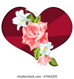 Heart shaped box with pink roses and lilies