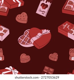 Cajas en forma de corazón con chocolate surtido, barra de chocolate. Caramelos de chocolate en forma de corazón. Dulce conjunto de postre romántico. Moderna Ilustración vectorial dibujada a mano .