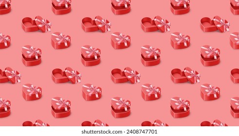 Heart shaped boxes with bows isometric illustration pattern on pink background. Saint Valentine day presents realistic 3d design elements