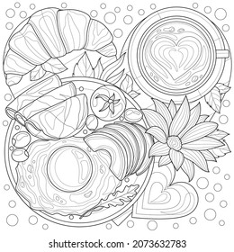 Herzförmiges Frühstück. Fried Eier mit Avocado, Kaffee und Croissant.Farbbuch Antistress für Kinder und Erwachsene. Illustration einzeln auf weißem Hintergrund.Zen-Winkel-Stil. Handziehen