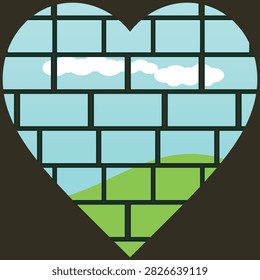 Heart shaped brick wall frame with a view of nature.