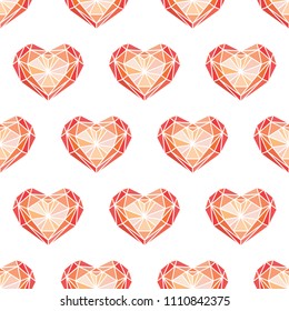 Heart shaped brilliant seamless patterns. Pink diamonds. Low poly style. Vector 10 eps