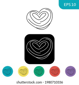 Heart shaped bun outline icon. Fresh bakery sign. Simple hand drawn symbol flat style. Contour thin line design. Isolated on white, black, yellow, blue, green, red, purple. Bake concept vector EPS10