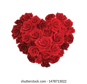 Heart shaped bunch of red roses realistic composition on white background vector illustration