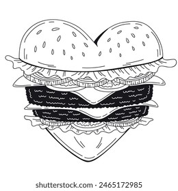 Herzförmige Burger Outline Vektorgrafik