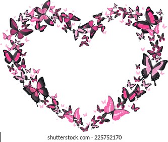 Heart shaped butterfly flight, pink and black butterflies vector heart shaped illustration. Romantic, classy.