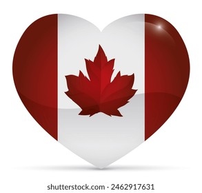 Heart shaped button decorated with Canadian flag inside with glossy effect.