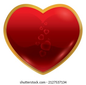 Botón en forma de corazón decorado con marcos dorados y burbujas en forma de corazón dentro de él.