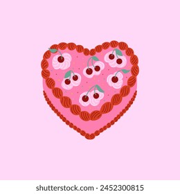 Heart shaped cake with cherries. Vector flat illustration. Holiday, birthday greeting card