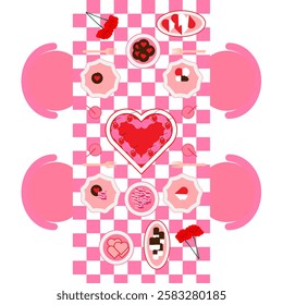 Heart shaped cake and cookies placed on the table. pink chairs valentine's day 