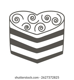 Heart shaped cake doodle sketch style illustration. Sweet layered pastry. Biscuit treat, dessert, black silhouette. Vector element