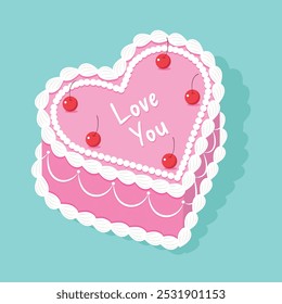 Heart shaped cake. Pink vintage cake. Retro trendy style food. Vector illustration. 