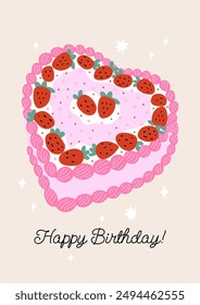 Heart shaped cake with strawberries and quote happy birthday. Vector flat illustration of pink cake and handwritten lettering. Holiday greeting card