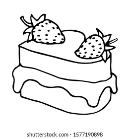 heart shaped cake with two strawberries and cream, Valentine's day dessert, vector illustration with black contour lines isolated on white background in Doodle and hand drawn style