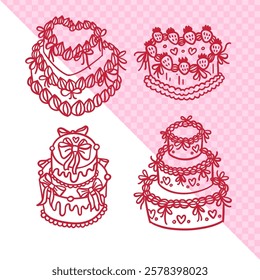 Heart Shaped Cakes set in vintage coquette style. Hand drawn linear doodle vector illustration.