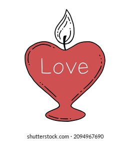 Heart shaped candle with love lettering in doodle style. Valentines day. Vector illustration.