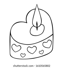 Heart shaped candle with ornament. Relaxing environment. Hot flame. Vector illustration. Outline on an isolated background. Doodle style. Sketch. Valentine day. Coloring book . The spirit of romance.