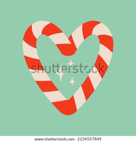 Heart shaped candy cane illustration. Striped Christmas ornament on ice blue background. Great for Christmas or Valentine’s Day design.