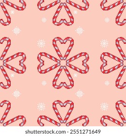 Heart shaped candy cane lollipop vector seamless pattern. Confectionery romantic treats wrapping paper design.