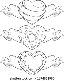 Heart Shaped Candy, Donut and Cookie with Ribbons vector line art illustration set. Coloring book page design. Valentine's Day design set. Vintage style menu decoration. Vector borders set