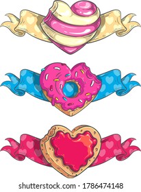 Candy con forma de corazón, Donut y Cookie perdieron una mordedura en el fondo de cintas con motivos cardíacos. Coloridas ilustraciones vectoriales para el Día de San Valentín, fiesta de cumpleaños, boda, festivales de comida y otros diseños.