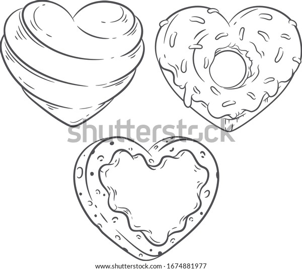 ハート型のキャンディー ドーナツ クッキーベクターのラインアートイラストセット カラーリングブックのページデザイン バレンタインデーデザインセット ビンテージスタイルのメニューの装飾 結婚式のデザインのデコレーションセット のベクター画像素材