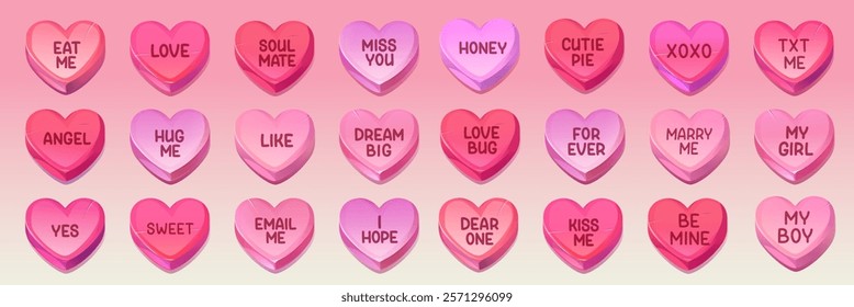 Heart shaped candy messages set for valentine day decoration - pink sweet romantic collection. Text of love expressions, flirty phrases and gentle words on glossy confectionery dessert pieces.