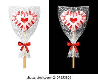 Heart shaped candy on stick in plastic wrapper with bow. Festive wrapped red lollipop isolated on white and black background