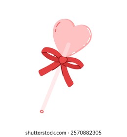 Heart shaped caramel lollipop with red ribbon bow. Holiday candy. Sweet dessert stick. Happy valentine day confection. Symbol of love. Flat vector illustration isolated on white background