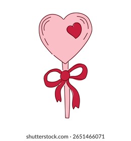 Heart shaped caramel lollipop with red ribbon bow. Holiday candies. Valentine's Day love candy. Doodle vector illustration for decor. Trendy ideas for stickers for invitations, diary and scrapbook.