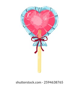 Heart shaped caramel on a stick in transparent packaging with a bow. Pink St. Valentine's pink lollipop. Hand drawn Vector illustration on a white background.