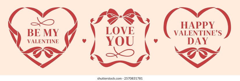 Heart shaped card templates with love messages. Elegant valentines with romantic ribbons, chic bows