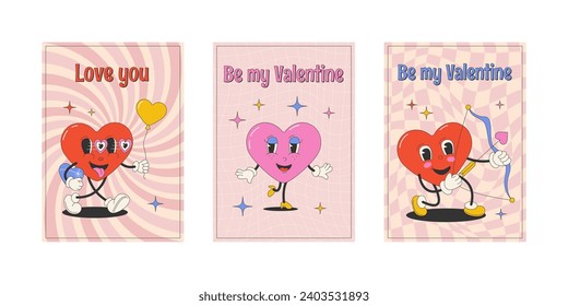 Heart shaped cartoon character in groovy style. Set of greeting cards. Valentine's Day. Retro 70s, 80s.Stock vector illustration.