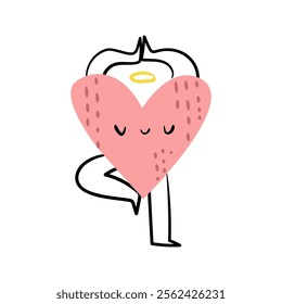 Heart shaped cartoon character with peaceful facial expression doing yoga or meditating. Vector isolated geometric shape personage with nimbus, arms and legs. Cute mascot or emotion for kid studying