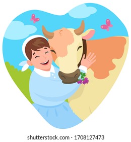 Heart shaped cartoon vector illustration of a milkmaid hugging a cow