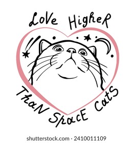 Gato en forma de corazón con luna y estrellas. Concepto amor y animales, mascotas. Dejando. El amor es más alto que los gatos espaciales. Ilustración del vector