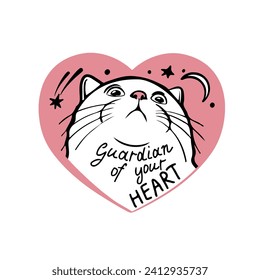 Heart shaped cat with moon and stars. Concept love and animals, pets. Lettering. Guardian of your heart. Vector illustration