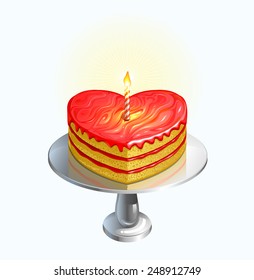 Heart shaped celebration cake with lit candle strawberry flavor