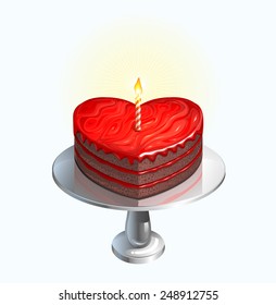 Heart shaped celebration chocolate cake with lit candle,  strawberry flavor