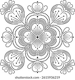 Heart shaped Central Flowers with Peripheral Heart shaped Petals and Leaves, Floral Embroidery Mandala Pattern, Hand drawn Heart shaped Flowers in dotted flat style, Vintage floral vector illustration
