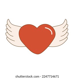 Heart shaped character with wings in retro style. Valentine's day holiday ornamental decor element. Good for greeting card, tattoo design. Isolated on white background. Vector Illustration