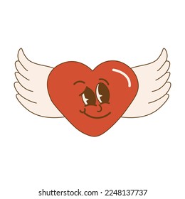 Herzförmiger Charakter mit Flügeln im Retro-Stil. Valentinstag Feiertagsdekor Element. Gut für Grußkarten, Tattoo-Design. Einzeln auf weißem Hintergrund. Vektorgrafik