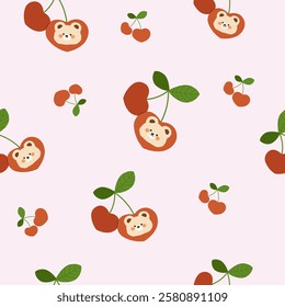 heart shaped cherries with leaves and cute bear  heads  seamless pattern , vector , illustration