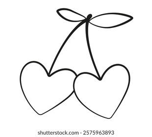 heart shaped cherry doodle style. Hand drawn black and white isolated logo. cherry line art. Design element for web graphic design poster tattoo. Coloring page art therapy. Vector illustration