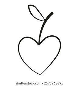 heart shaped cherry doodle style. Hand drawn black and white isolated logo. cherry line art. Design element for web graphic design poster tattoo. Coloring page art therapy. Vector illustration